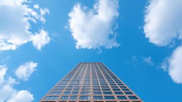 A tall building with clouds in the sky photo