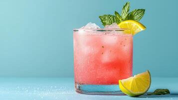 A pink drink with lime and mint leaves photo