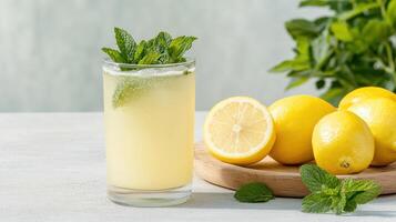 Lemons and mint in a glass with lemonade photo
