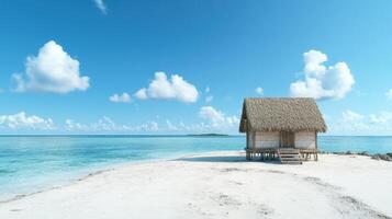A small hut on the beach with blue sky and white clouds photo