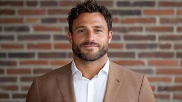 A man with a beard and a suit jacket standing in front of a brick wall photo