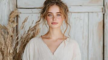 A beautiful young woman in a white shirt and jeans photo