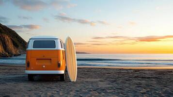 A van with a surfboard on the beach photo