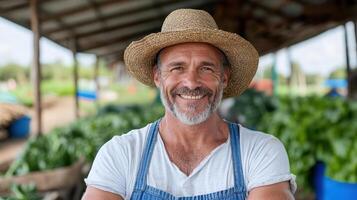A smiling man in a straw hat standing in a vegetable market photo