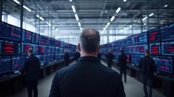 Man looking at stock market screens in a trading room photo