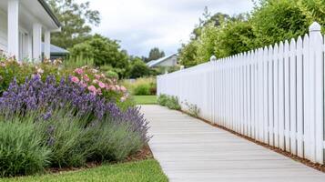 A white picket fence with lavender flowers in front of it photo