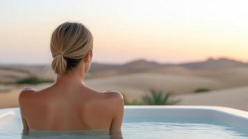 A woman sitting in a hot tub in the desert photo