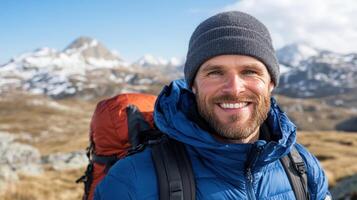 A man with a backpack and blue jacket smiling photo