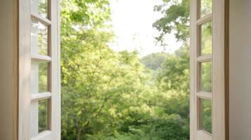 An open window with a view of trees photo
