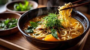 Chopsticks are holding a bowl of noodles and vegetables photo