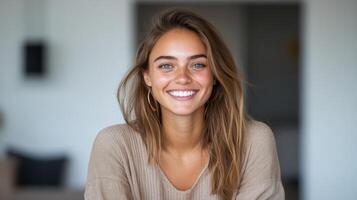 A woman smiling while sitting in a room photo
