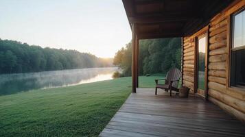 A wooden porch with a chair and a lake in the background photo