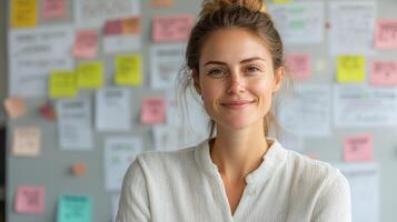 A woman is smiling in front of a wall of sticky notes photo