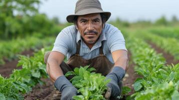 A man kneeling in the middle of a field with his hands on his head photo