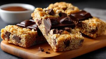Chocolate and cereal bars on a cutting board photo