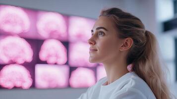 A woman looking at a screen with pink brain images photo