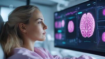 A woman looking at a computer screen with a brain image photo
