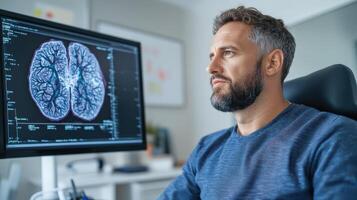 A man sitting at a desk with a computer screen showing a brain scan photo