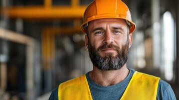 A man with a beard and a yellow hard hat photo
