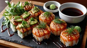 Sushi rolls with salmon, avocado and other ingredients photo