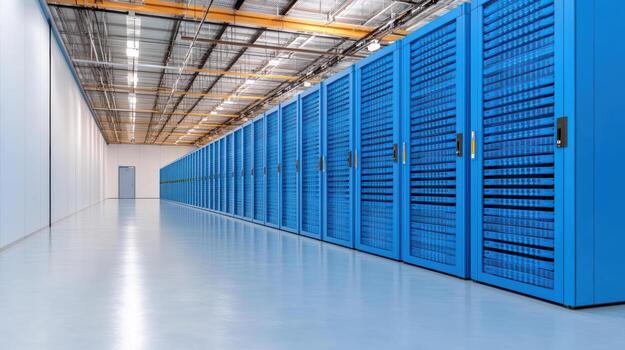 A long row of blue servers in a large room photo