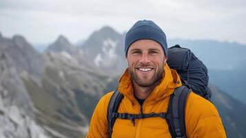 A man in a yellow jacket and orange hat smiles at the camera photo