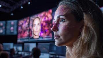 A woman with a face painted with colorful lights photo