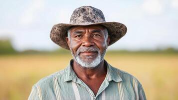 An older man in a hat standing in a field photo