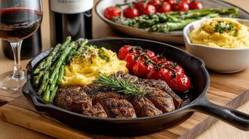 A steak, asparagus and potatoes in a skillet photo