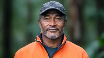 A man wearing an orange jacket and hat photo