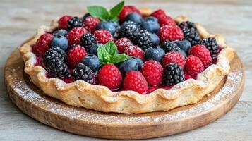 A pie with berries and mint on a wooden table photo