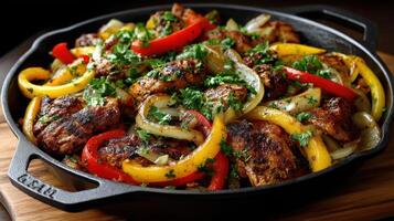 A skillet filled with chicken, peppers and onions photo