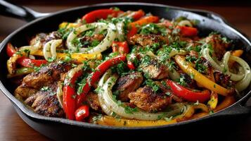 A skillet filled with meat, peppers and onions photo