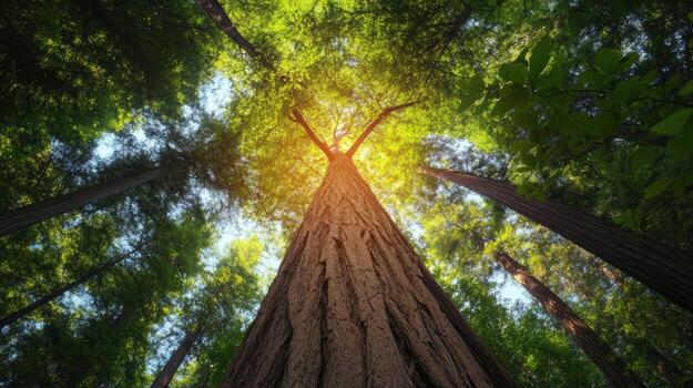 A view up into a tall redwood tree photo