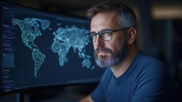 A man in glasses is looking at a computer screen with a map on it photo