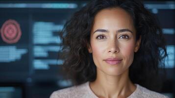 A woman with curly hair is looking at the camera photo