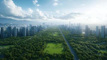 An aerial view of a city with green trees and buildings photo