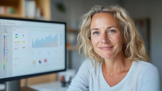 A woman is smiling in front of a computer screen photo