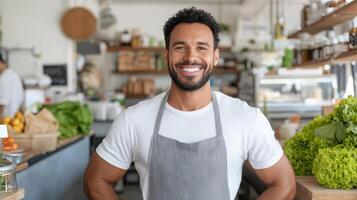 A smiling man in an apron standing in a grocery store photo