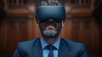 A man in a suit and tie wearing virtual glasses photo