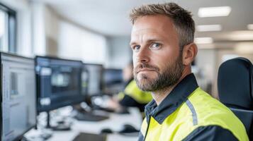 A man in a yellow vest is sitting at a computer photo
