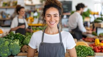 A smiling woman in an apron standing in front of a produce stand photo