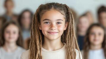 A young girl with dreadlocks in front of a crowd photo