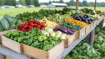 A variety of fresh vegetables are displayed on wooden crates photo