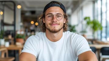 A man with glasses and a cap sitting at a table photo