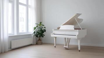A white piano in a room with a window photo