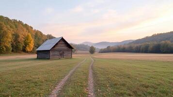 An old wooden cabin in the middle of a field photo