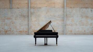 A black grand piano in front of a brick wall photo
