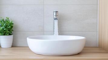 A white bowl sink with a faucet running into it photo