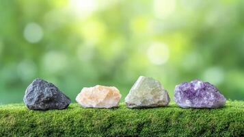 Four different colored rocks on a green grassy surface photo
